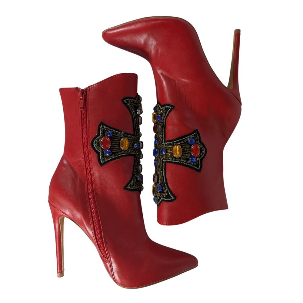 NWOT! FAB ROUGE RED ANKLE BOOTS WITH BEADED & JEWELED, EMBROIDERED CROSS! SZ 6 - Picture 6 of 11